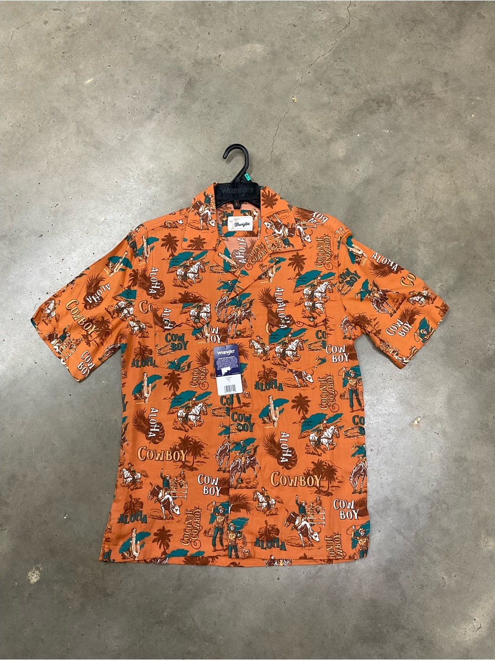 Wrangler Orange Cowboy Print Short Sleeve Camp Shirt